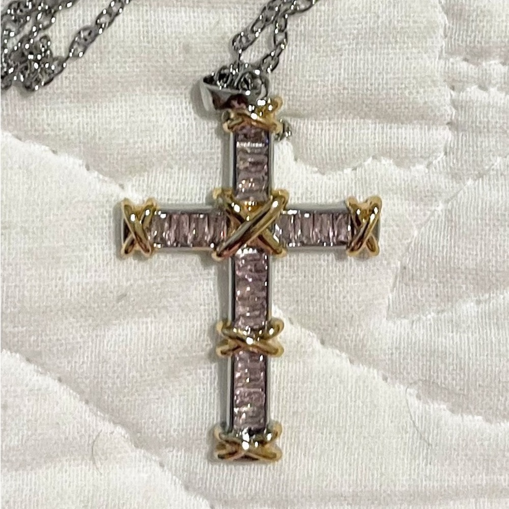 Pink CZ Two-Tone Cross Pendant Brass Ncklce -UNI Cross 1.5”H X necklace is 20”L